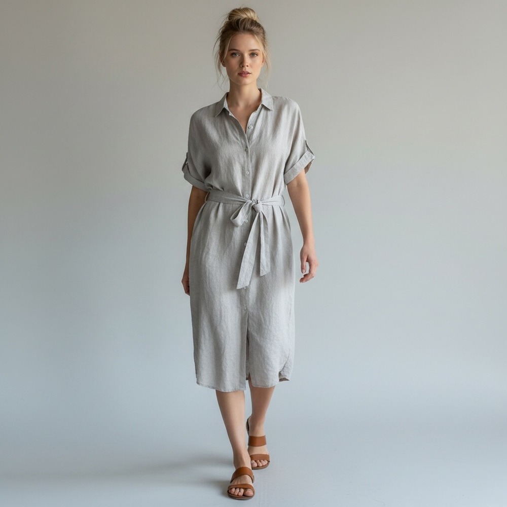 Talbots 100% Linen Coastal Belted Granola Girl Button Up Shirt Dress 18W Beige